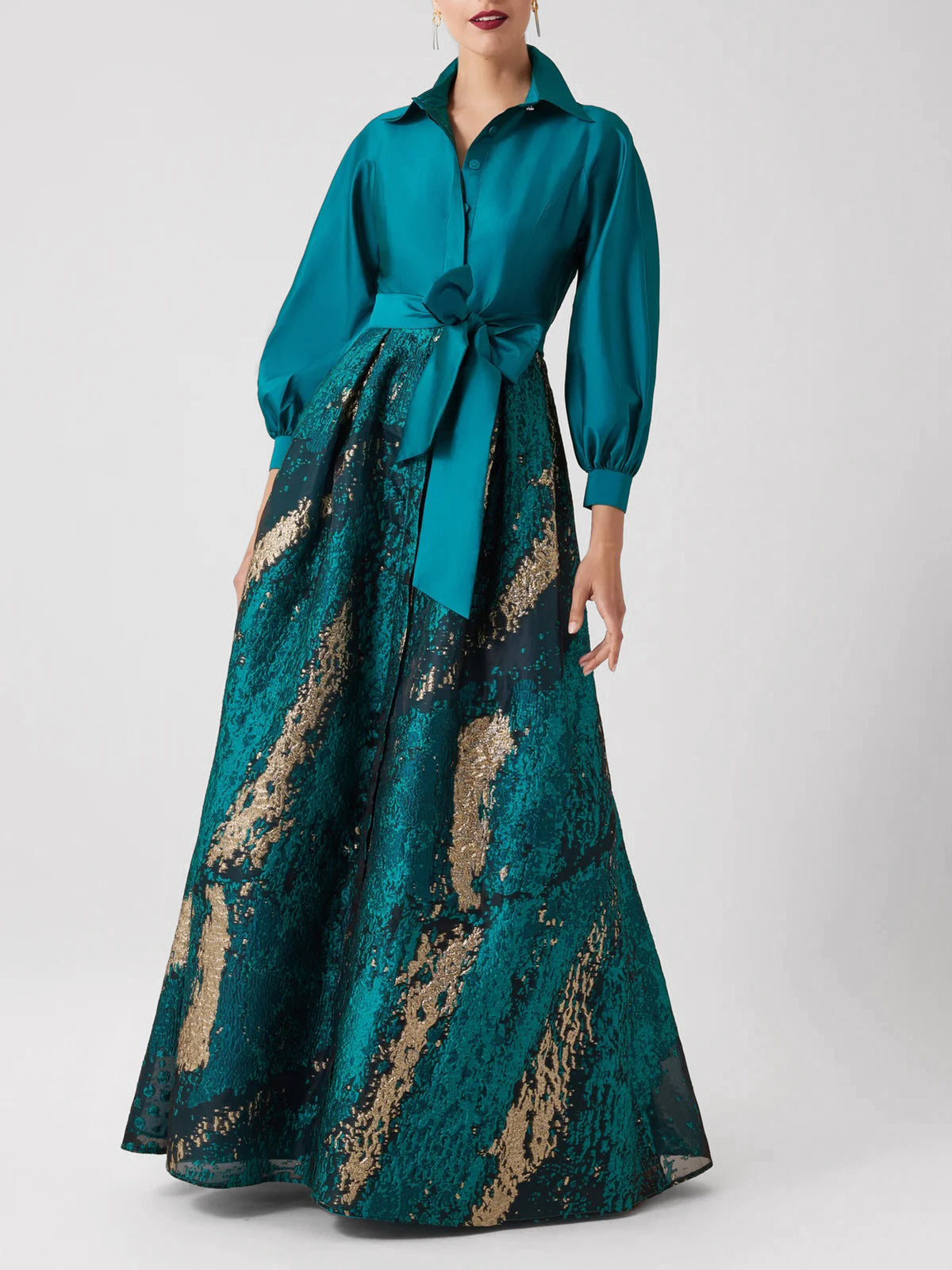 Taft und Metallic-Jacquard Hemd-Blusenkleid