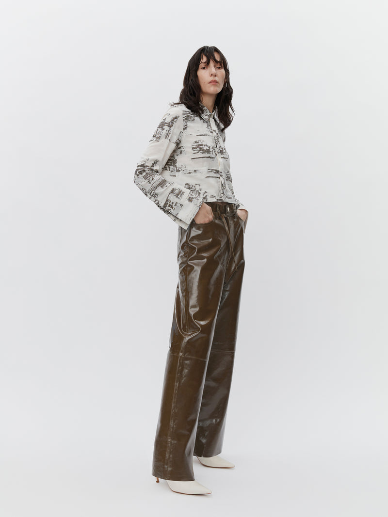 Polished Leather Pants in Olive Brown