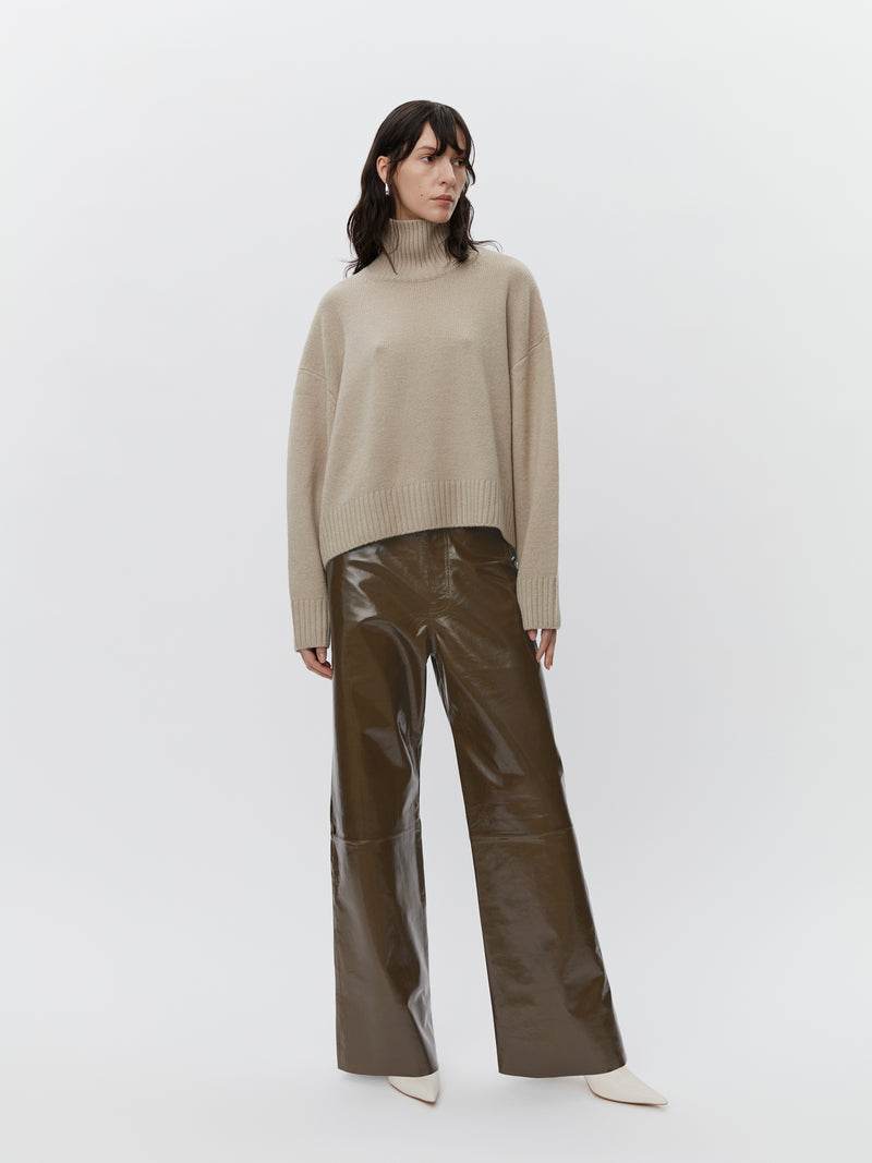 Polished Leather Pants in Olive Brown